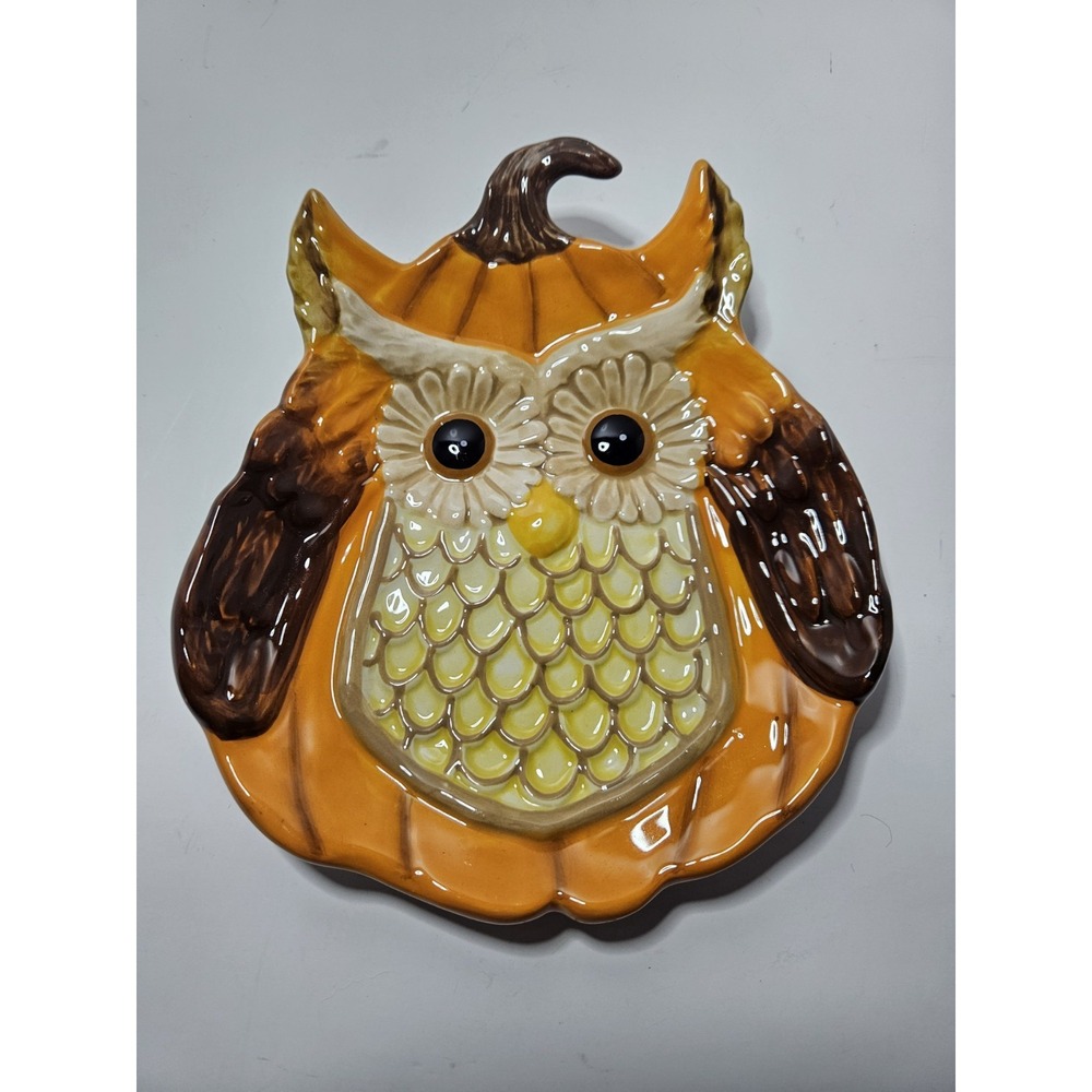Cracker Barrel Owl Pumpkin Plate Fall Harvest Halloween Thanksgiving Decor 7x6.5